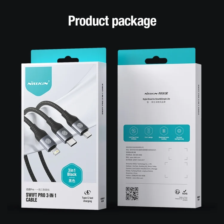 EDA0062116_B9.webp Nillkin Swift Pro 1m 3 in 1 USB to 8 Pin + Type-C + Micro USB Fast Charging Cable - Image 10