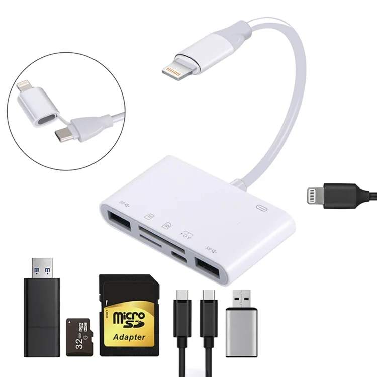 AJ-108PRO 6 in 2 USB-C / Type-C + 8 Pin Interface Multi-function Camera Card Reader, 6 in 2 Type-C + 8 Pin
