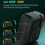 LDNIO Q367 65W GaN 3 x USB-C / Type-C Interface Charger with 1m USB-C / Type-C to USB-C / Type-C Data Cable, EU Plug, UK Plug, US Plug - Image 3