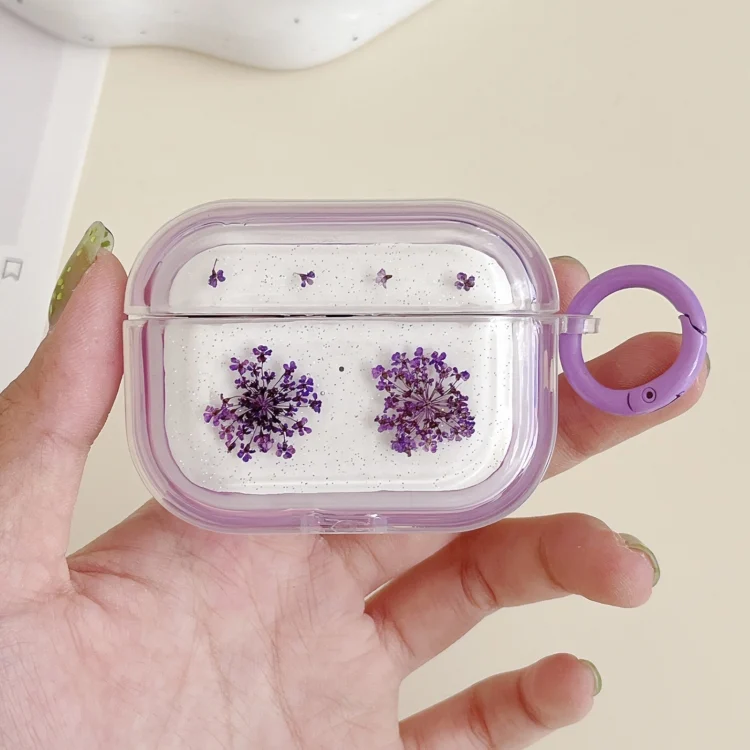 Glitter Snowflake Epoxy Dried Flowers Earbuds Box TPU Case, For AirPods Pro 2, For AirPods 3