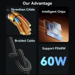 Yesido 60W 3A USB-C / Type-C to Type-C Charging Data Cable, 0.3m, 1.2m, 2m, 3m - Image 3