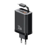USAMS CC296 30W Fast Charger With Retractable USB-C / Type-C Cable, EU Plug