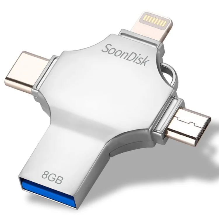 4 in 1 8GB USB 3.0 + 8 Pin + Mirco USB + USB-C / Type-C Dual-use Flash Drive with OTG Function