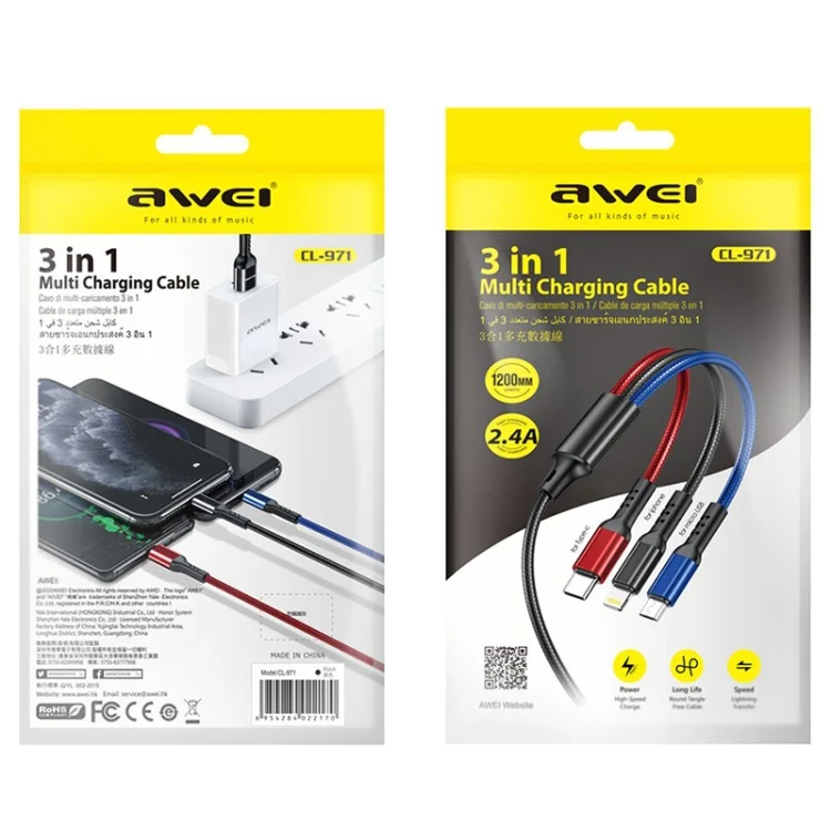 IP8G0678_3.webp awei CL-971 3 in 1 1.2m 2.4A USB to 8 Pin + Micro USB + USB-C / Type-C Multi Charging Cable - Image 4