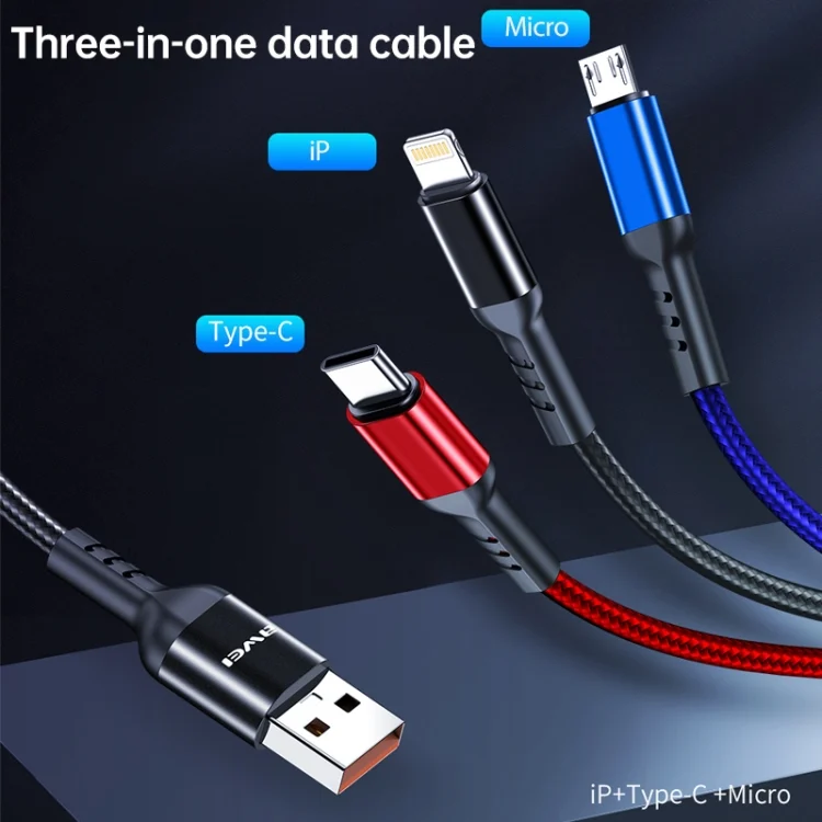 IP8G0678_4.webp awei CL-971 3 in 1 1.2m 2.4A USB to 8 Pin + Micro USB + USB-C / Type-C Multi Charging Cable - Image 5