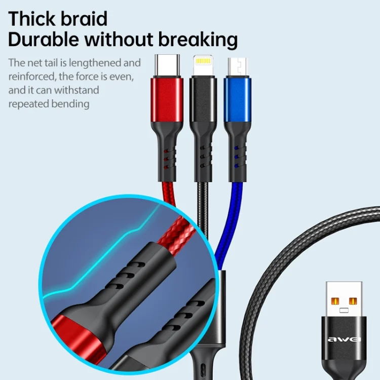 IP8G0678_6.webp awei CL-971 3 in 1 1.2m 2.4A USB to 8 Pin + Micro USB + USB-C / Type-C Multi Charging Cable - Image 7