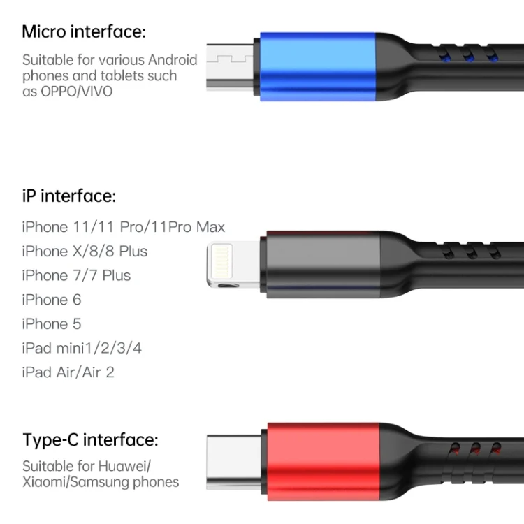 IP8G0678_8.webp awei CL-971 3 in 1 1.2m 2.4A USB to 8 Pin + Micro USB + USB-C / Type-C Multi Charging Cable - Image 9