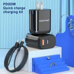 awei PD3 20W PD Type-C + QC 3.0 USB Interface Fast Charging Travel Charger with Data Cable, US Plug - Image 7