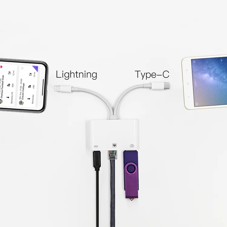 NA0022_4.webp NK-107 Pro 3 in 1 USB-C / Type-C + 8 Pin Male to USB + RJ45 + 8 Pin Charging Female Interface Adapter - Image 5
