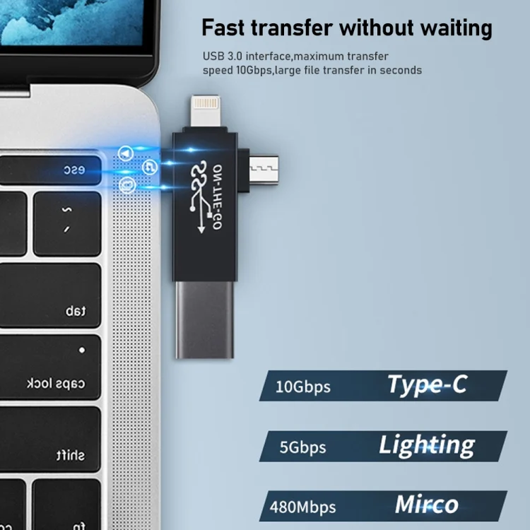 PC8369_6.webp 3 in 1 USB 3.0 to 8 Pin + Micro USB + USB-C / Type-C Interface Multifunctional OTG Adapter - Image 7