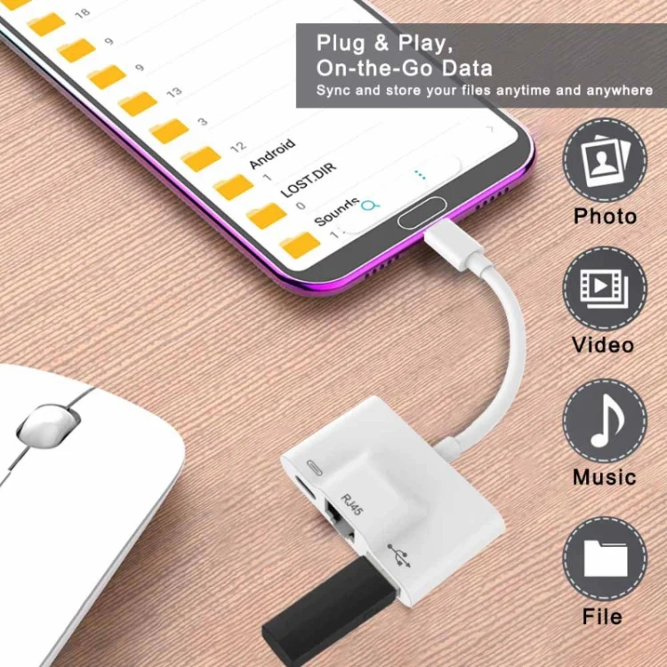 PC8539_3.webp 3 in 1 USB-C / Type-C Male to USB + 100M RJ45 Ethernet + Type-C Power Female Adapter - Image 4