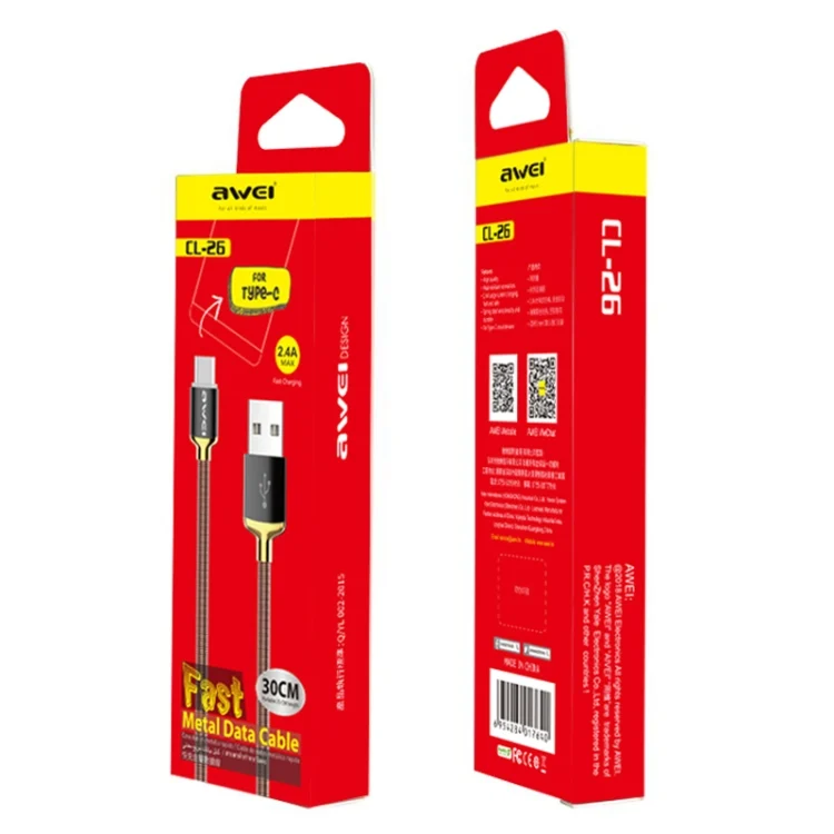 SAS5729H_2.webp awei CL-26 0.3m 2.4A USB to USB-C / Type-C Metal Fast Charging Cable - Image 3