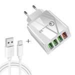 2 in 1 USB to USB-C / Type-C Data Cable + 30W QC 3.0 4 USB Interfaces Mobile Phone Tablet PC Universal Quick Charger Travel Charger Set, EU Plug, USB-C / Type-C Set EU Plug