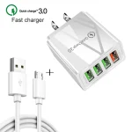 2 in 1 1m USB to Micro USB Data Cable + 30W QC 3.0 4 USB Interfaces Mobile Phone Tablet PC Universal Quick Charger Travel Charger Set, US Plug, Micro USB Set US Plug - Image 2