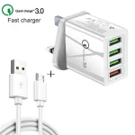 2 in 1 1m USB to Micro USB Data Cable + 30W QC 3.0 4 USB Interfaces Mobile Phone Tablet PC Universal Quick Charger Travel Charger Set, UK Plug, Micro USB Set UK Plug - Image 2