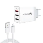 SDC-30W 2 in 1 USB to 8 Pin Data Cable + 30W QC 3.0 USB + 2.4A Dual USB 2.0 Ports Mobile Phone Tablet PC Universal Quick Charger Travel Charger Set, EU Plug