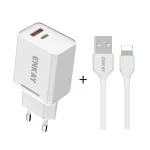ENKAY Hat-Prince T030 18W 3A PD + QC3.0 Dual USB Fast Charging Power Adapter EU Plug Portable Travel Charger, With 1m 3A 8 Pin Cable, With 1m 3A Type-C Cable, With 1m 3A Micro USB Cable