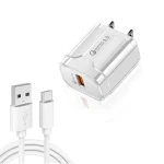 LZ-023 18W  QC3.0 USB Portable Travel Charger + 3A USB toType-C Data Cable, US Plug, Type-C Data Cable, US Plug