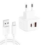 YSY-6087PD 20W PD3.0 + QC3.0 Dual Fast Charge Travel Charger with USB to Type-C Data Cable, EU Plug, US Plug, UK Plug