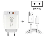 20W PD Type-C + QC 3.0 USB Interface Fast Charging Travel Charger with USB to Micro USB Fast Charge Data Cable, EU Plug, US Plug, AU Plug