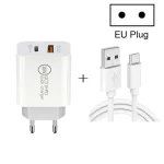 20W PD Type-C + QC 3.0 USB Interface Fast Charging Travel Charger with USB to Type-C Fast Charge Data Cable, EU Plug, US Plug, AU Plug