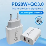 20W PD Type-C + QC 3.0 USB Interface Fast Charging Travel Charger with USB-C / Type-C to Type-C Fast Charge Data Cable, US Plug, AU Plug, EU Plug - Image 3