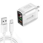 F002C QC3.0 USB + USB 2.0 LED Digital Display Fast Charger with USB to Type-C Data Cable, US Plug, US Plug +  Type-C Cable