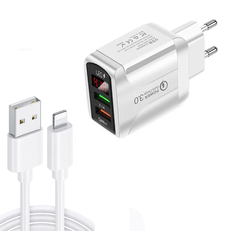 F002C QC3.0 USB + USB 2.0 LED Digital Display Fast Charger with USB to 8 Pin Data Cable, EU Plug, EU Plug + 8 Pin Cable