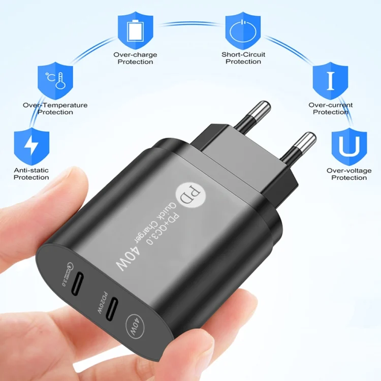 SYA001642501_B6.webp 002 40W PD3.0 Dual Port USB-C / Type-C Charger with Type-C to Type-C Data Cable, EU Plug, EU Plug + Type-C to Type-C Cable - Image 7