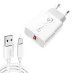 APD-2003 18W QC3.0 Single Port USB Charger with 1m USB to Type-C Data Cable, EU Plug + USB to Type-C Cable, US Plug + USB to Type-C Cable