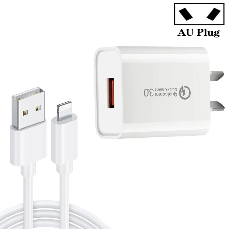 CA-25 QC3.0 USB 3A Fast Charger with USB to 8 Pin Data Cable, AU Plug, AU Plug + 8 Pin Cable