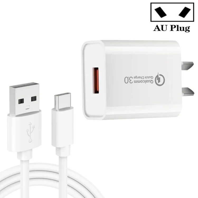 CA-25 QC3.0 USB 3A Fast Charger with 1m USB to Type-C Data Cable, AU Plug, AU Plug + Type-C Cable