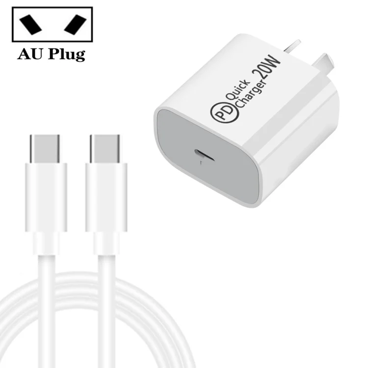 AU-20W PD USB-C / Type-C Travel Charger with Type-C to Type-C Data Cable, AU Plug, AU Plug + 1m PD Cable, AU Plug + 2m PD Cable