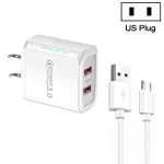 36W Dual Port QC3.0 USB Charger with 3A USB to Micro USB Data Cable, US Plug, US Plug + USB to Micro USB Cable