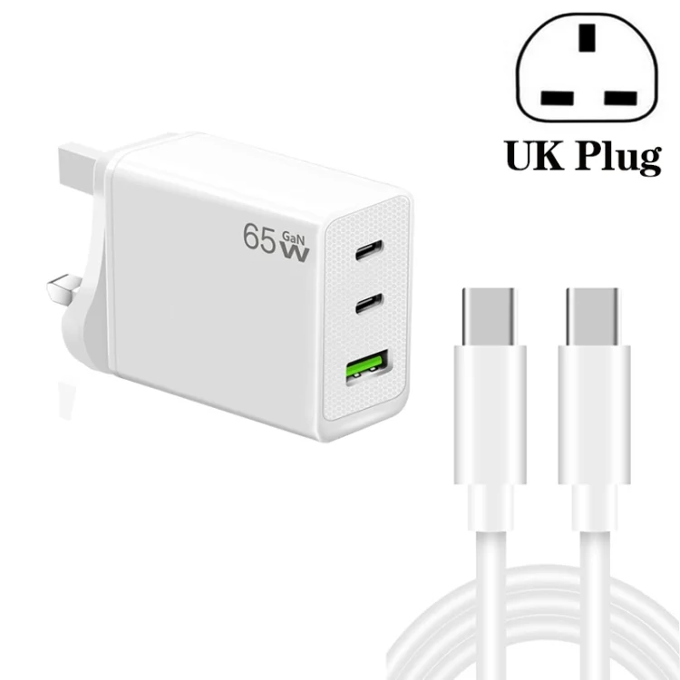 GaN PD65W Type-C x 2 + USB3.0 Charger with Type-C to Type-C Data Cable ,UK Plug
