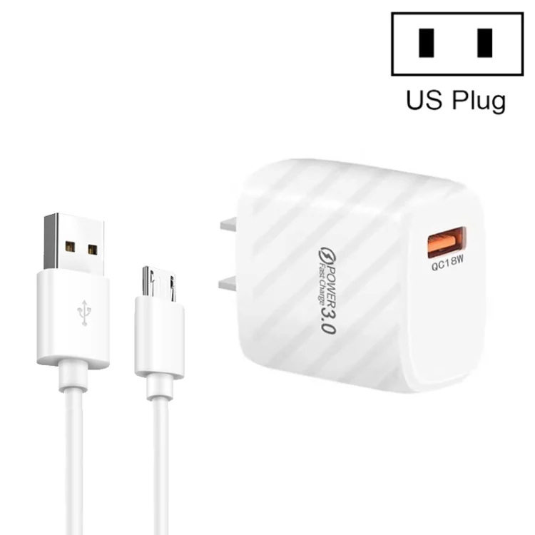 TE-005 QC3.0 18W USB Fast Charger with 1m 3A USB to Micro USB Cable, US Plug, US Plug + Micro USB Cable