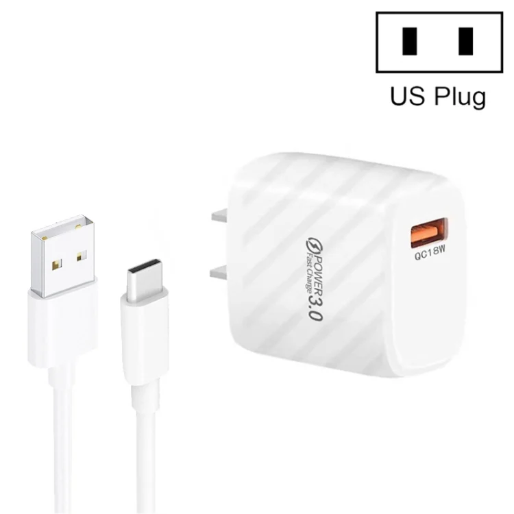 TE-005 QC3.0 18W USB Fast Charger with 1m 3A USB to Type-C Cable, US Plug, US Plug + Type-C Cable