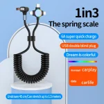 66W 3 in 1 USB Elbow to 8 Pin + Micro USB + USB-C / Type-C Fast Charging Spring Cable, USB Elbow 3 in 1 - Image 2