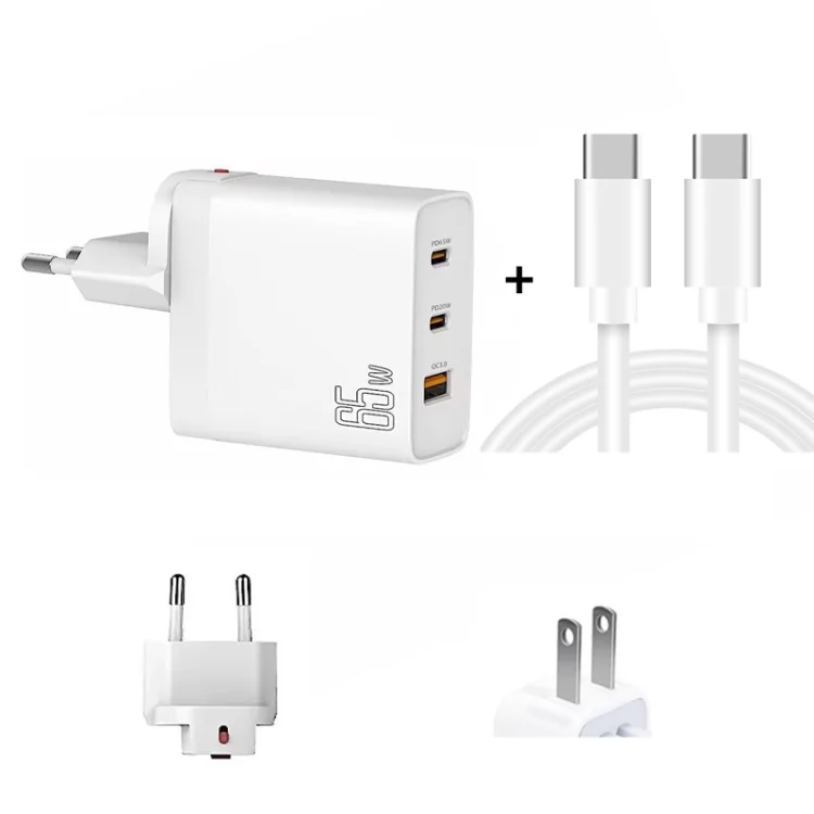 GAN 65W PD45W Dual Type-C / QC3.0 USB Multi Compatible Charger + 2m USB-C to USB-C Data Cable, EU + US Plug White, EU + US Plug Black, UK + US Plug White, UK + US Plug Black, AU + US Plug White...