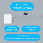 PD3.1 140W USB-C PD Laptop Power Adapter + 2m 5A USB-C to USB-C Data Cable, EU Plug, US Plug, AU Plug, UK Plug - Image 5