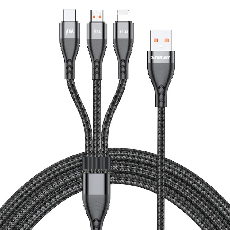 ENKAY 3-in-1 6A USB to Type-C / 8 Pin / Micro USB Multifunction Fast Charging Cable, 1m, 2m