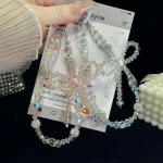 Luminous Round Bead Double Chain Phone Chain, Black, Star White, Yellow, White Rhinestones, White, Pink - Image 4