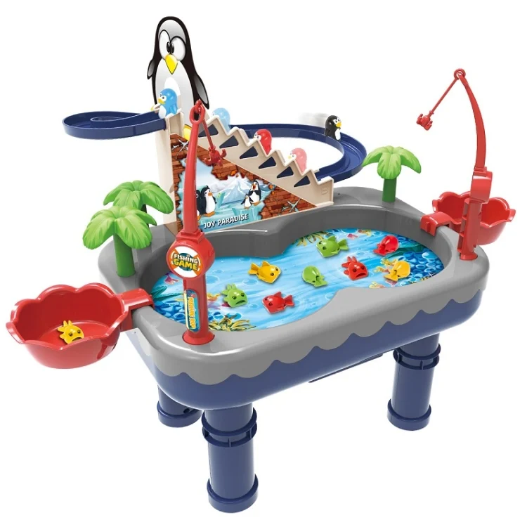 Penguin Stair Climbing Children Electric Magnetic Fishing Toy Multifunctional Game Set, Orange, Blue