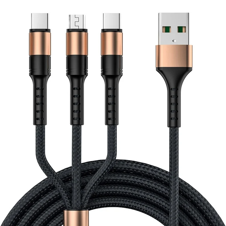 3 in 1 USB to Dual Type-C + Micro USB Quick Charging Sync Data Cable, Output:, 3A (Gold), 3A (Red), 3A (Black), 3A (Blue), 5A (Gold)