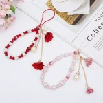 Crystal Mobile Phone Lanyard Girls Ceramic Clay Plaster Flower Bracelet, Blue, Big Red, Purple, Black, White, Pink - Image 2