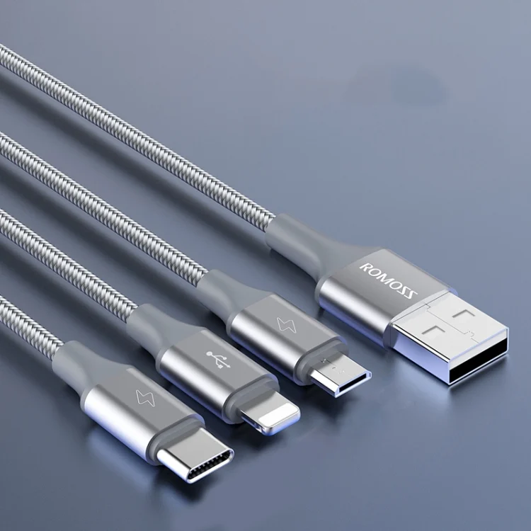 ROMOSS CB25 3 In 1 3.5A 8 Pin + Micro USB + Type C/USB-C Cable, 1m, 1.5m