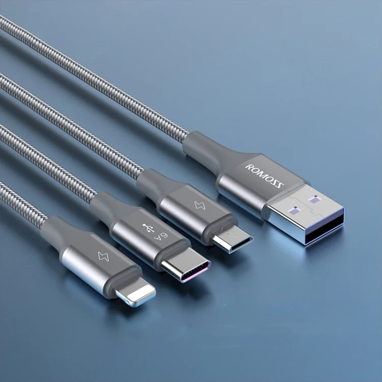 ROMOSS 3-In-1 66W 6A USB To 8 Pin / Type-C / USB-C / Micro Charging Cable Nylon Braid Cord, 1M, 1.5M
