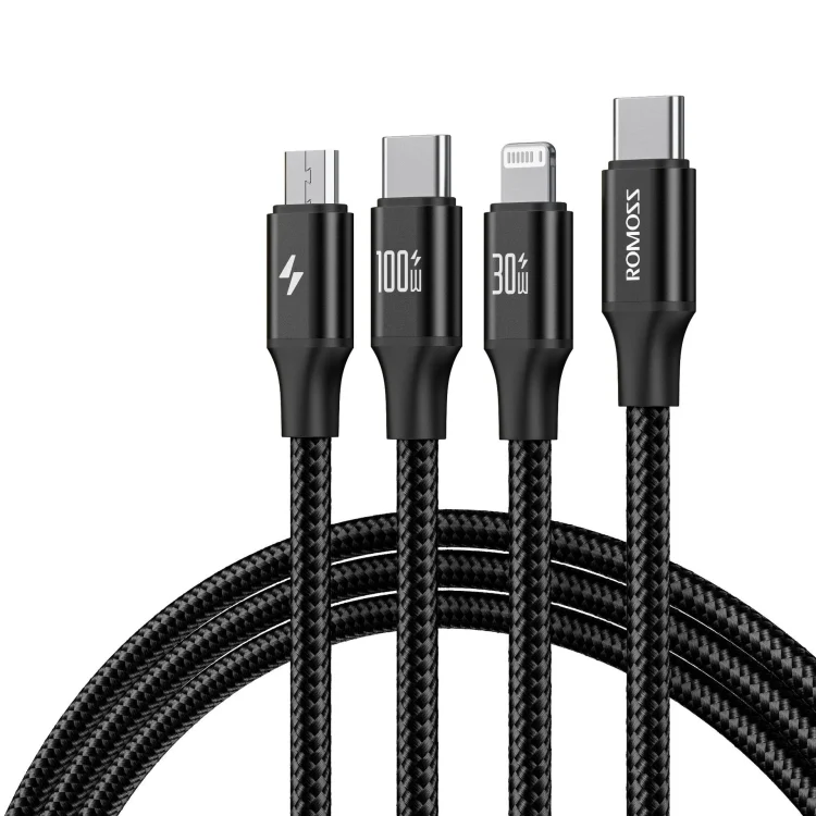 ROMOSS PD100W 3-In-1 Data Cable Type-C/USB-C To 8 Pin & Type-C & Micro Fast Charging Line, PD100W 3-In-1 (Black), PD100W 3-In-1 (Gray)
