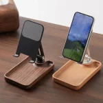 Desktop Mobile Phone Stand Lifting Folding Tablet Holder with Tray Base, Walnut, Beech Wood - Image 2