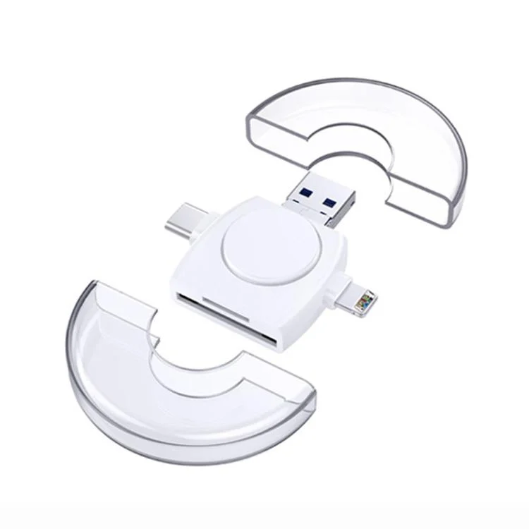 USB-A To USB-C / Type-C + Micro USB + 8 Pin 6-In-1 Round Multifunctional Card Reader